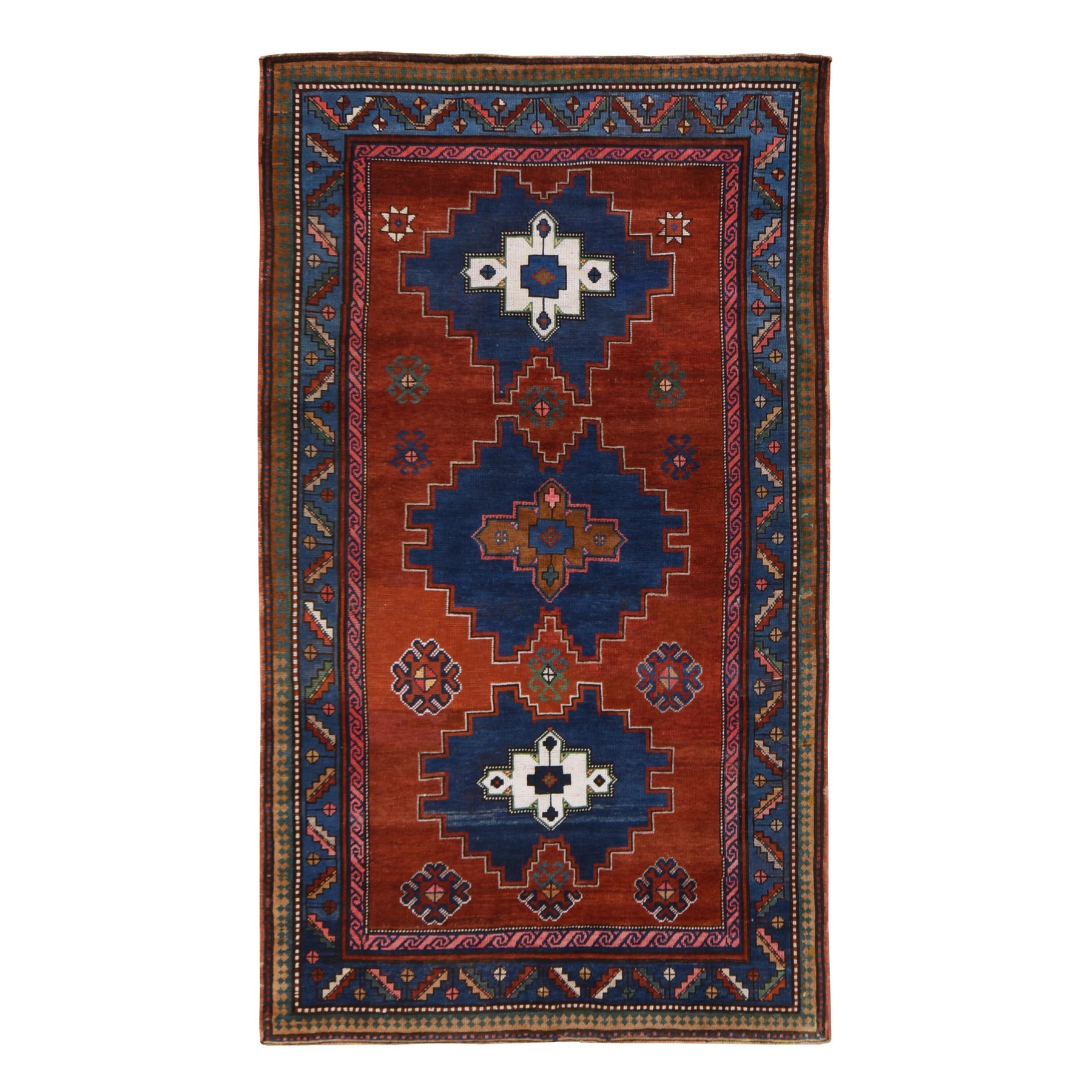 Scarlet Red, Antique Caucasian Kazak with Geometric Medallions, Good Condition and Restoration, Hand Knotted, 100% Wool, Oriental Rug